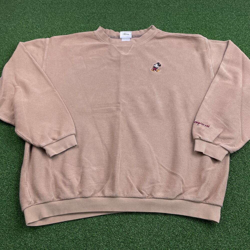 Vintage 90s Y2K Walt Disney World Tan Embroidered Mickey Mouse Crewneck Sz XL